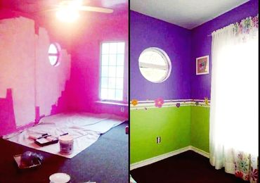 Green and purple paint with white-painted wainscoting. Flowers are vinyl decals. 