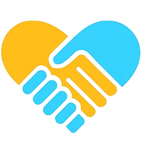A heart-shaped handshake in blue and yellow symbolizing unity and cooperation.