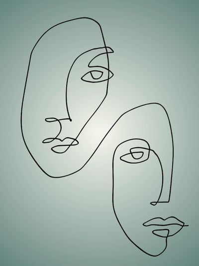 a line drawing of two faces that are connected by lines. 