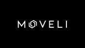 Minimalistic logo design of 'MOVELI' with a hexagonal swirl.