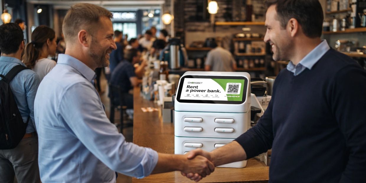 Two men shaking hands in a busy cafe near a power bank rental station.