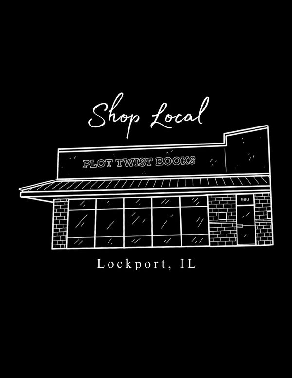 A black and white line drawing on a black background depicting the Plot Twist Books storefront build