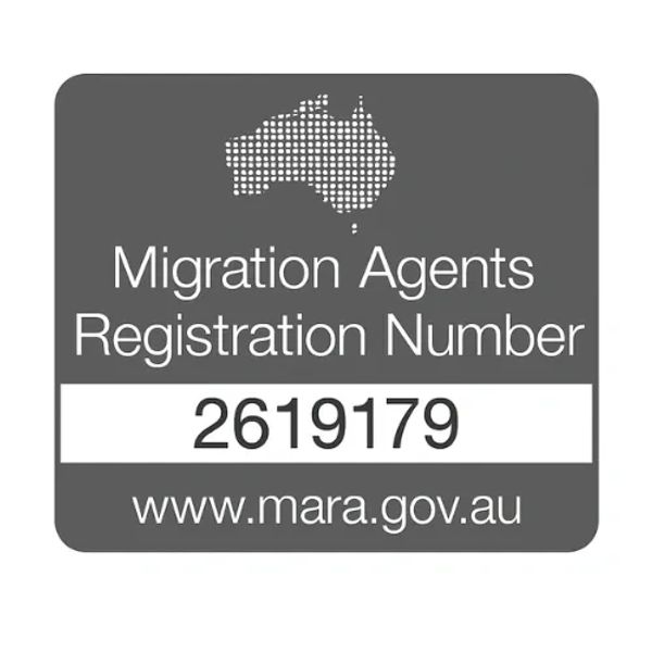 Migration Agents Registration Number label with an Australian map and website.