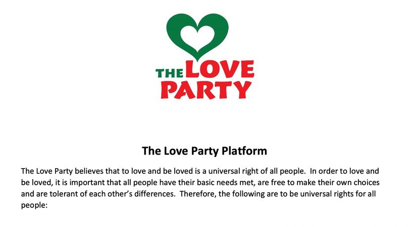 Logo and statement of The Love Party advocating universal love rights.