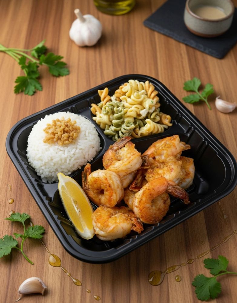 Garlic shrimp rice plate on a wooden background with pesto pasta salad and lemon wedge on the side.