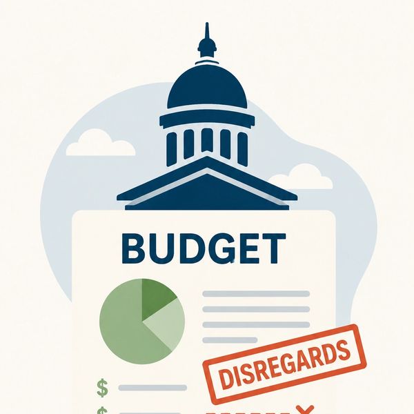 Illustration of a budget document stamped with 'DISREGARDS' in front of a government building.