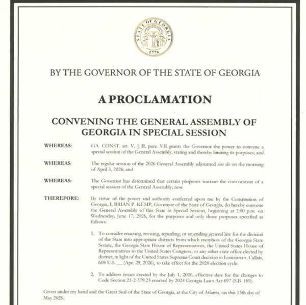 Official proclamation by Georgia's governor for a special session of the General Assembly.