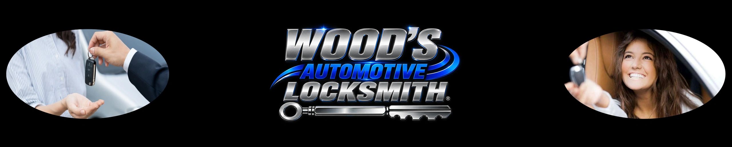 Logo for Wood's Automotive Locksmith with images of a car key handover and a happy woman.