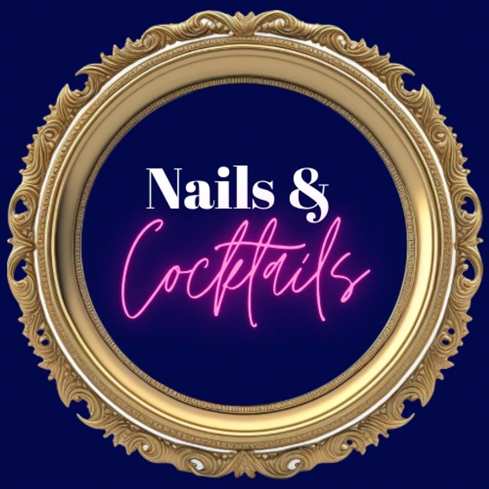 Elegant gold frame with 'Nails & Cocktails' neon sign.