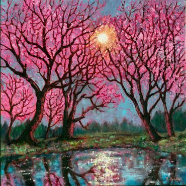 Cherry trees in bloom by pond with sun shining through branches oil painting by Rebecca Baldwin