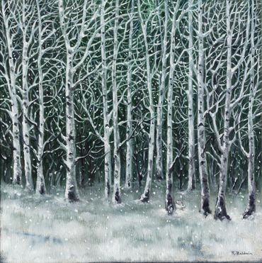 snowy winter scene of thick grove of aspen trees oil painting by Rebecca Baldwin 