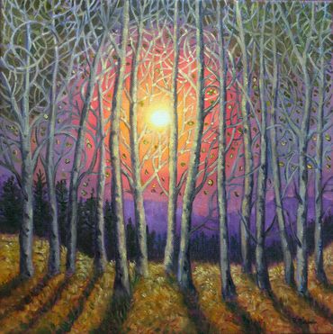 sun shining through grove of mountain aspen oil painting by Rebecca Baldwin