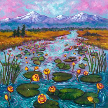 mountain lake with water lilies oil painting by rebecca baldwin