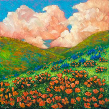 California Poppies wildflowers covering hillside, painting by Rebecca Baldwin