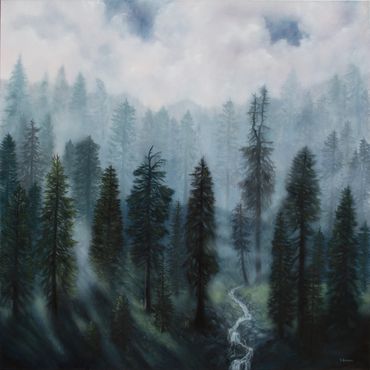 Misty forest with babbling brook oil painting by Rebecca Baldwin.