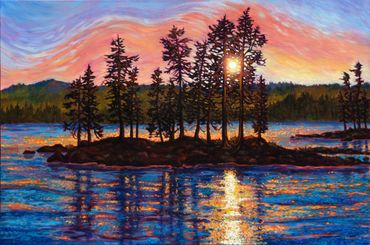 Colorful sunset sparkling reflections on water oil painting by Rebecca Baldwin