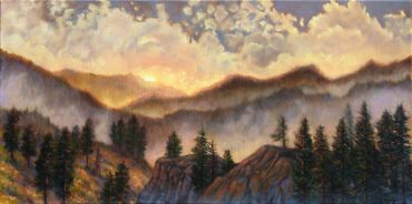 Misty mountain sunrise oil painting by Rebecca Baldwin