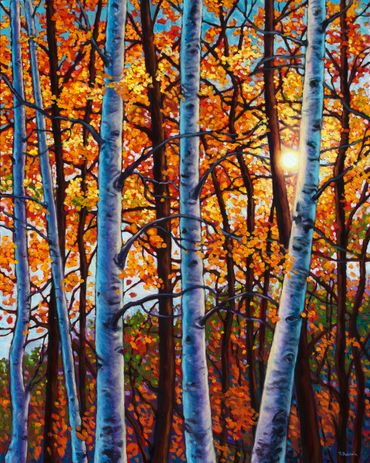 Brilliant fall folliage with sun through trees oil painting by Rebecca Baldwin