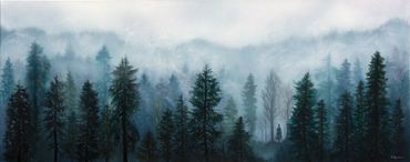 Blue green foggy forest oil painting by Rebecca Baldwin