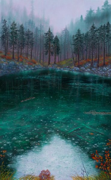 Rain on a pond in a forest glen with an owl in a distant tree.