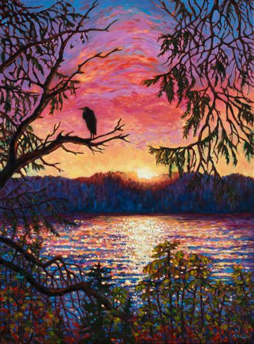 heron in tree against brilliant sunset on Hood Canal painting by Rebecca Baldwin