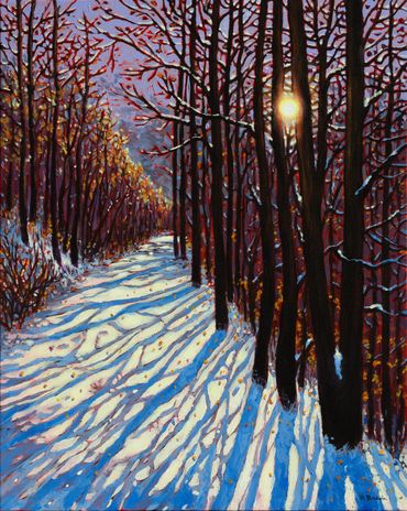 winter scene with sunlight through trees on snow painting by Rebecca Baldwin