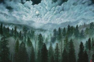 nocturnal painting with moon, stars, and foggy forest.