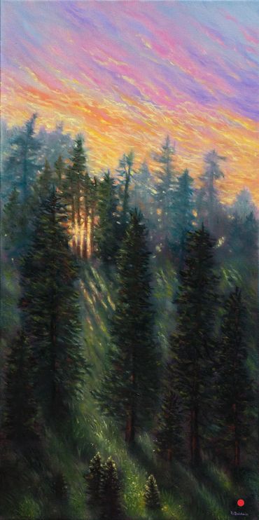 light coming through the trees in forest  landscape oil painting by Rebecca Baldwin