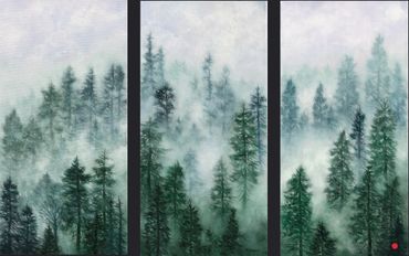 Misty forest triptych oil painting by Rebecca Baldwin