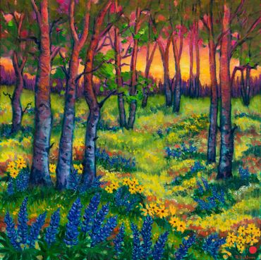 colorful woodland scene oil painting by Rebecca Baldwin