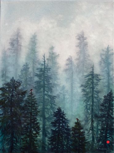misty foggy forest with robins in trees painting by rebecca baldwin