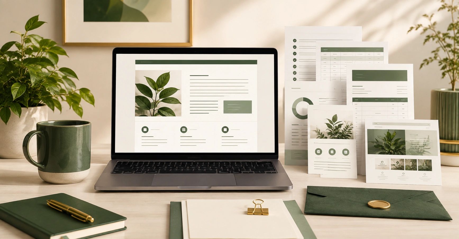 Professional workspace with editable business documents, forms, spreadsheets and website materials