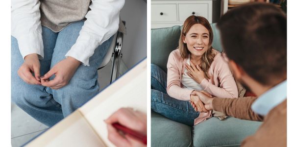 Two scenes showing a therapy session and emotional support.