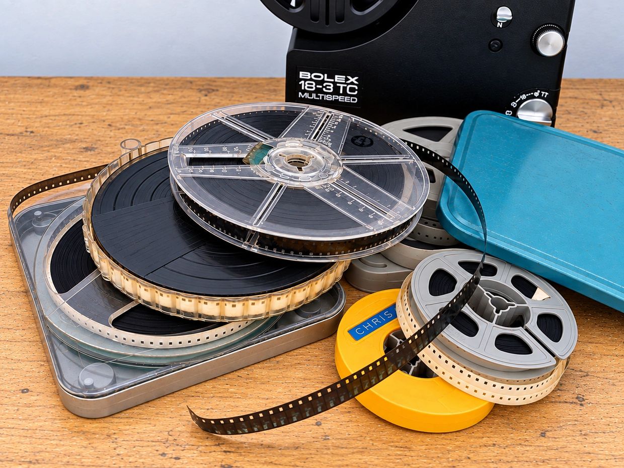 Old film reels and Bolex 18-3 TC film projector.