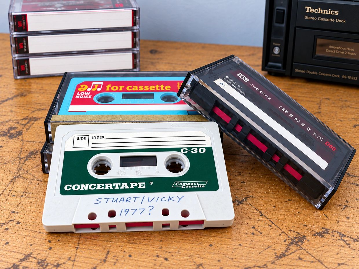 Collection of cassette tapes on a wooden surface.