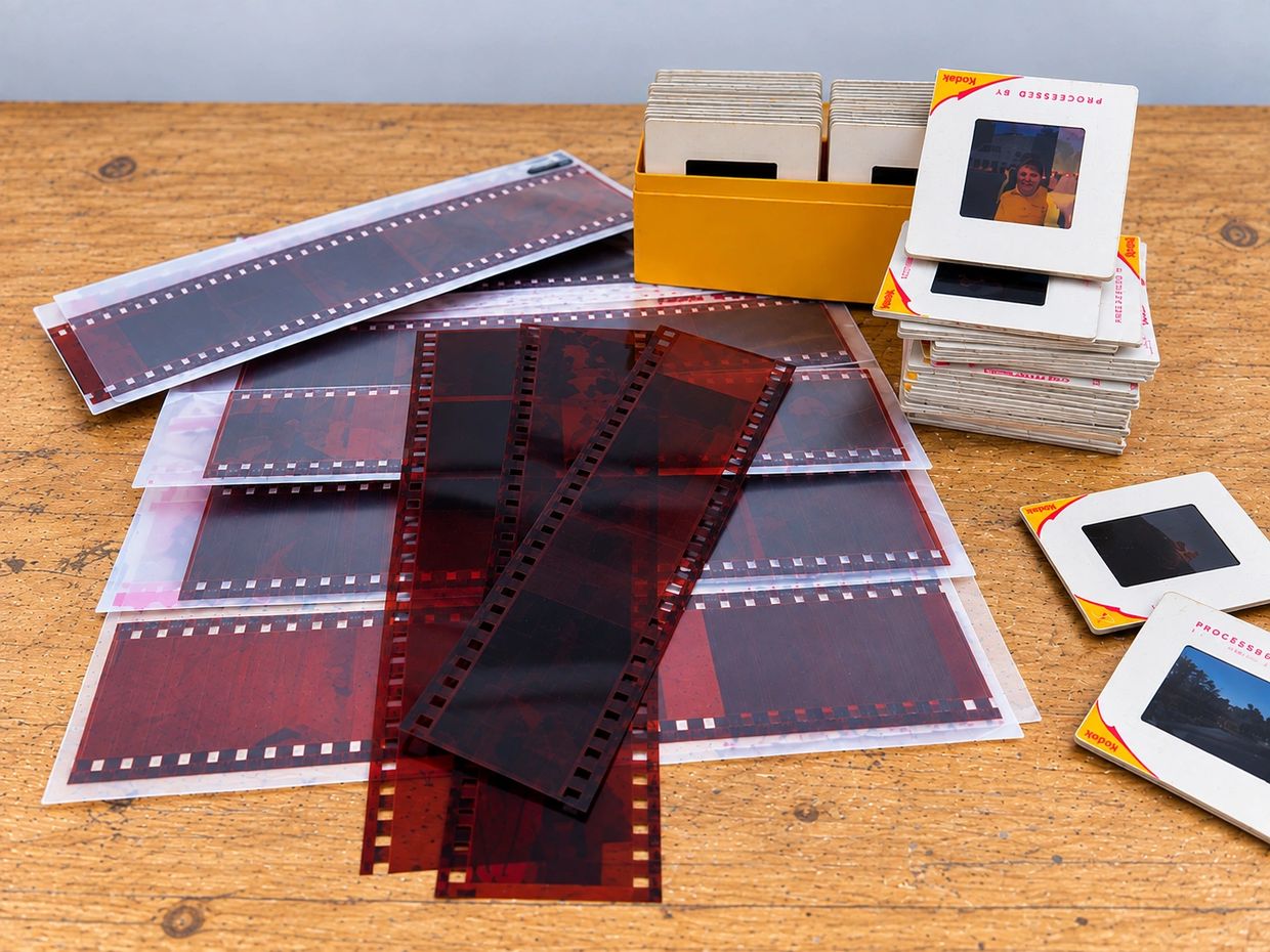Collection of photographic negatives and slides on a wooden surface.