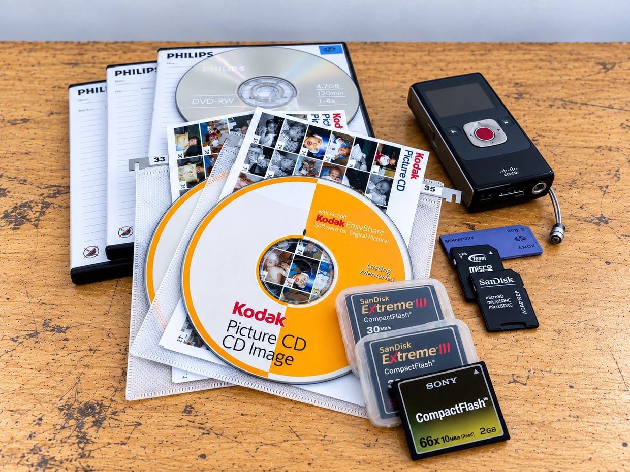 Collection of digital storage media and a portable device on a wooden surface.