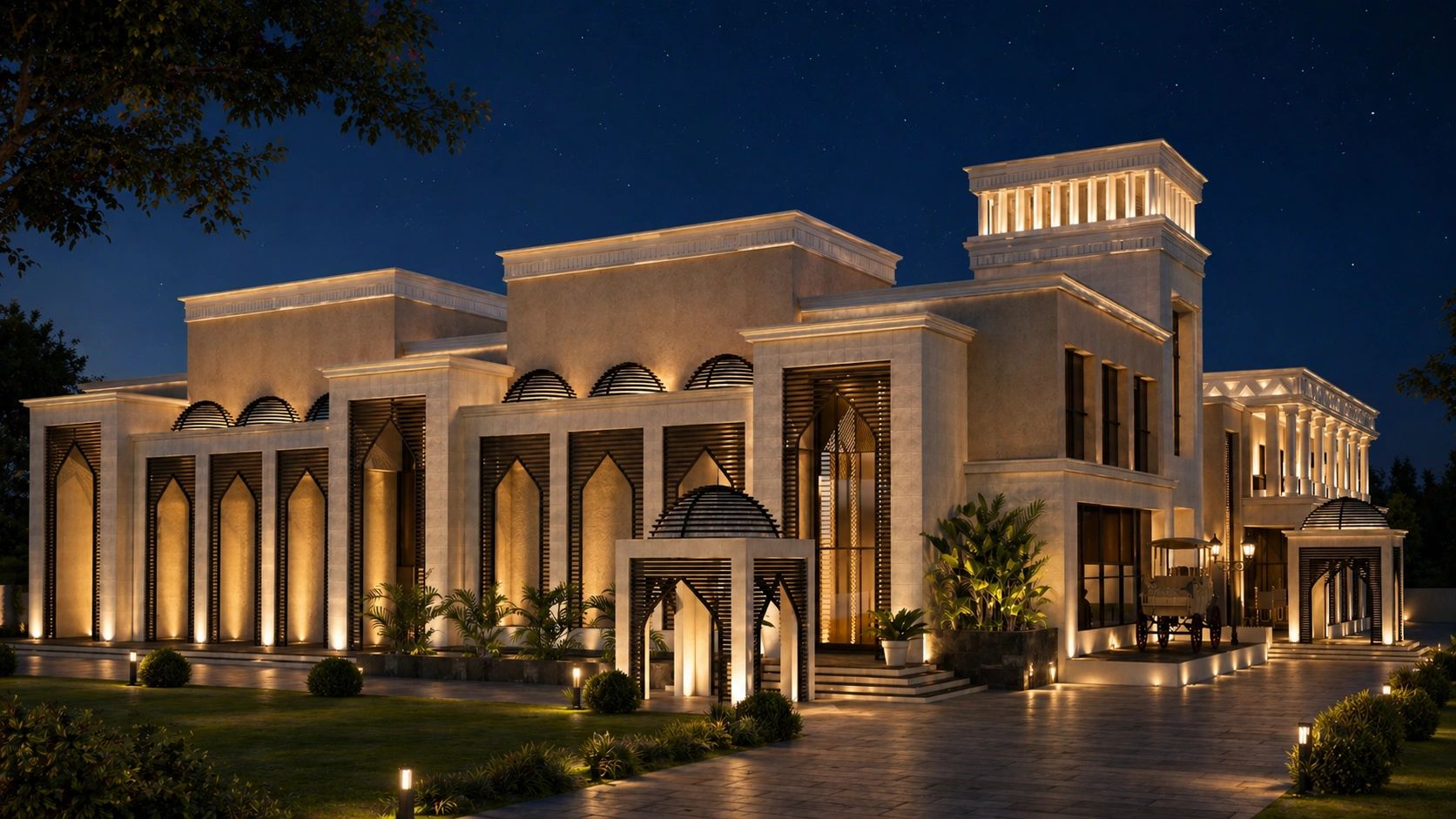 A beautifully illuminated modern mansion with intricate architectural details at night.