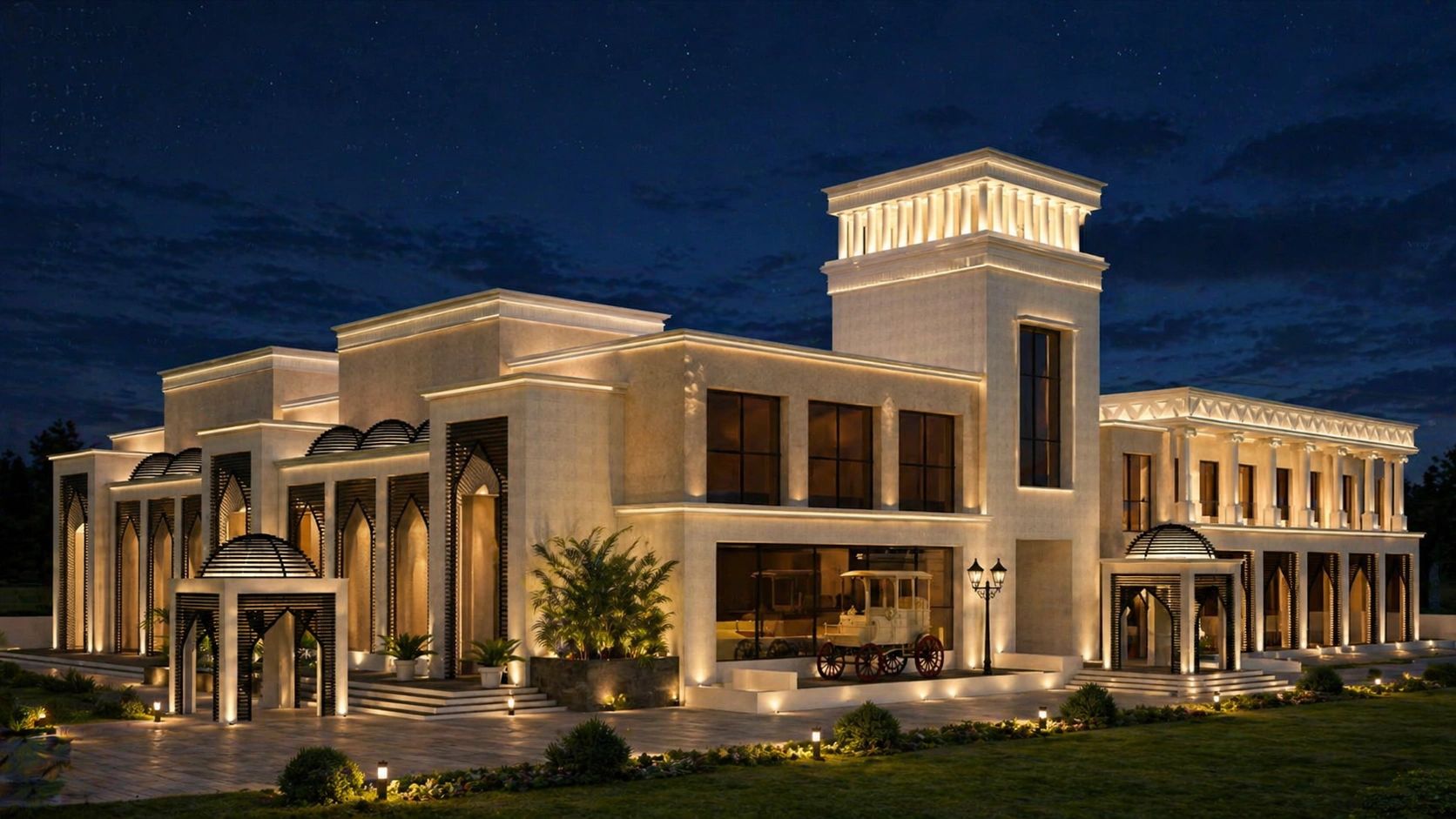 Elegant mansion illuminated beautifully at night with intricate architecture.