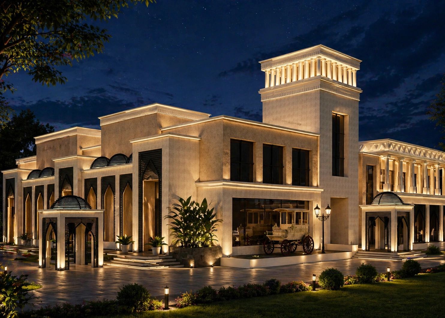Elegant, well-lit building with classic and modern architectural elements at night.
