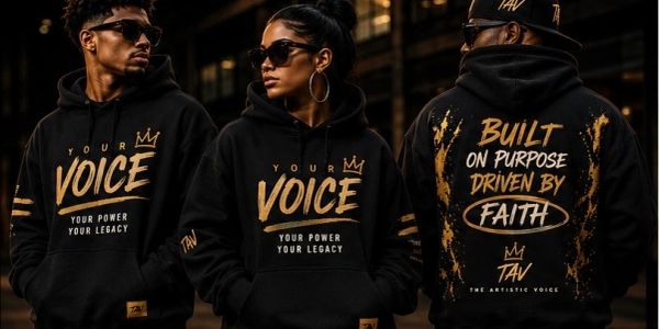 Three people wearing stylish hoodies with motivational text.