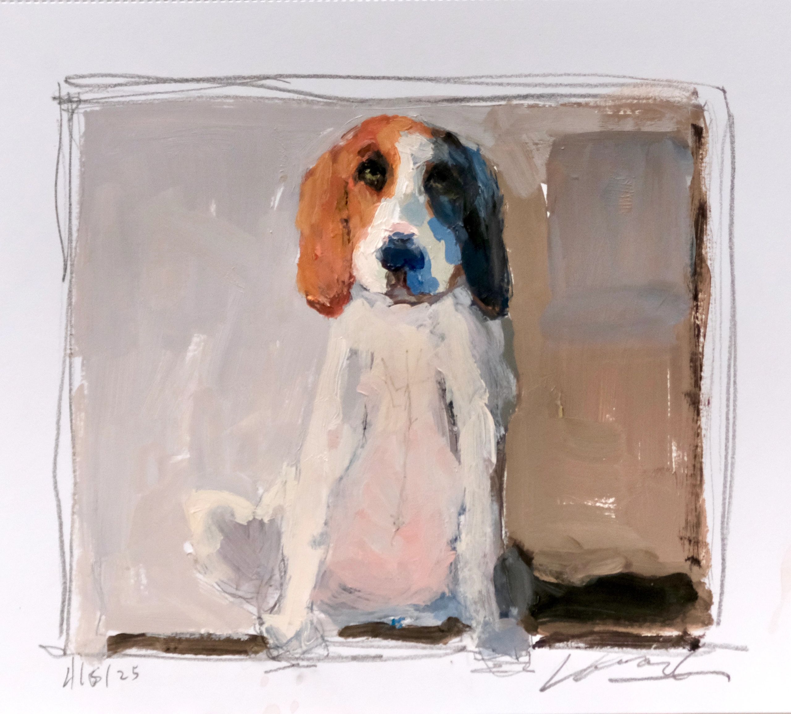 Expressionist painting of a dog with multicolored ears.