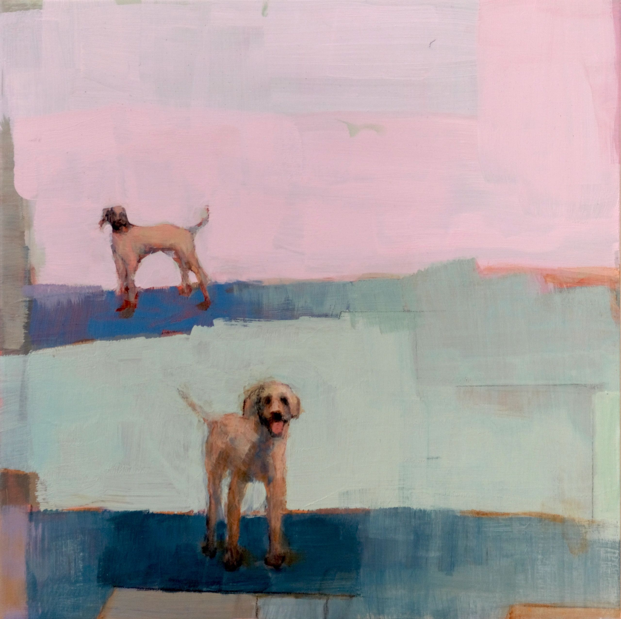 Abstract painting of two dogs on a muted background.