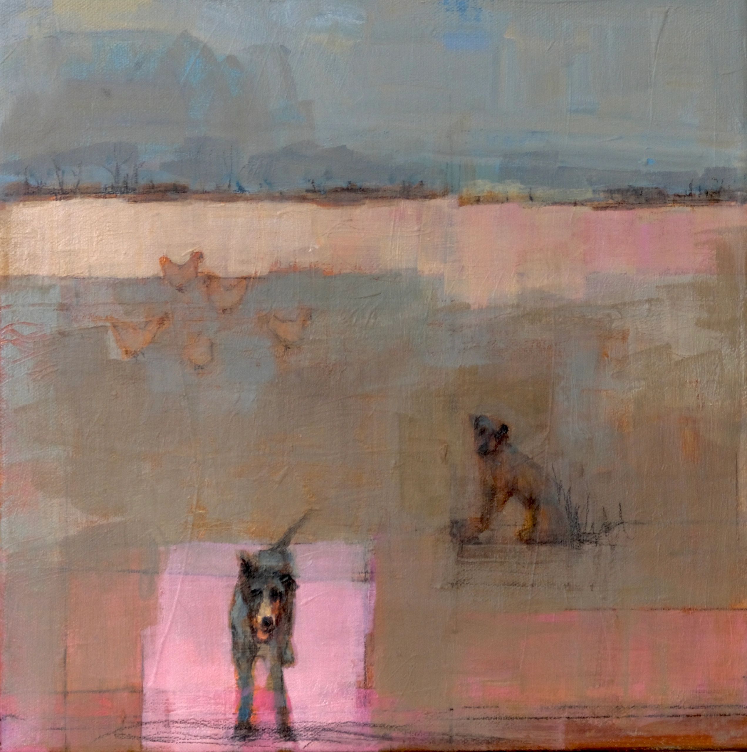 Abstract painting of a dog with muted colors and soft texture.