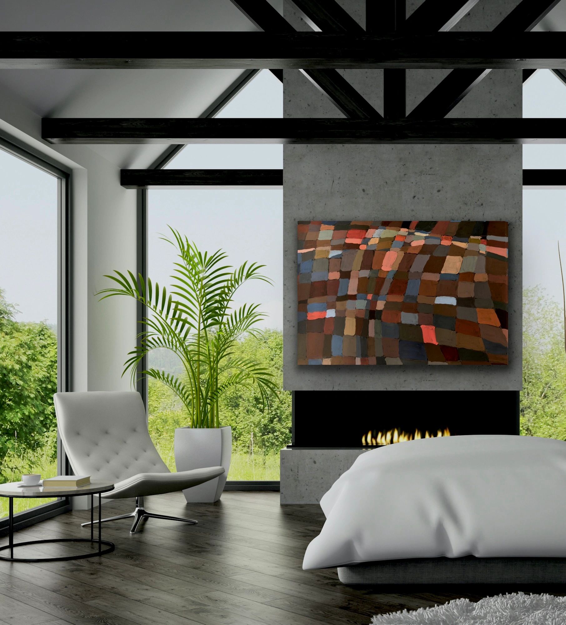 Modern bedroom with fireplace and large windows.