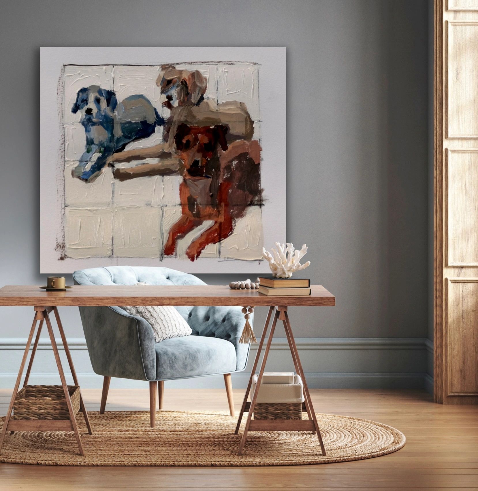 Abstract painting of three dogs above a desk.