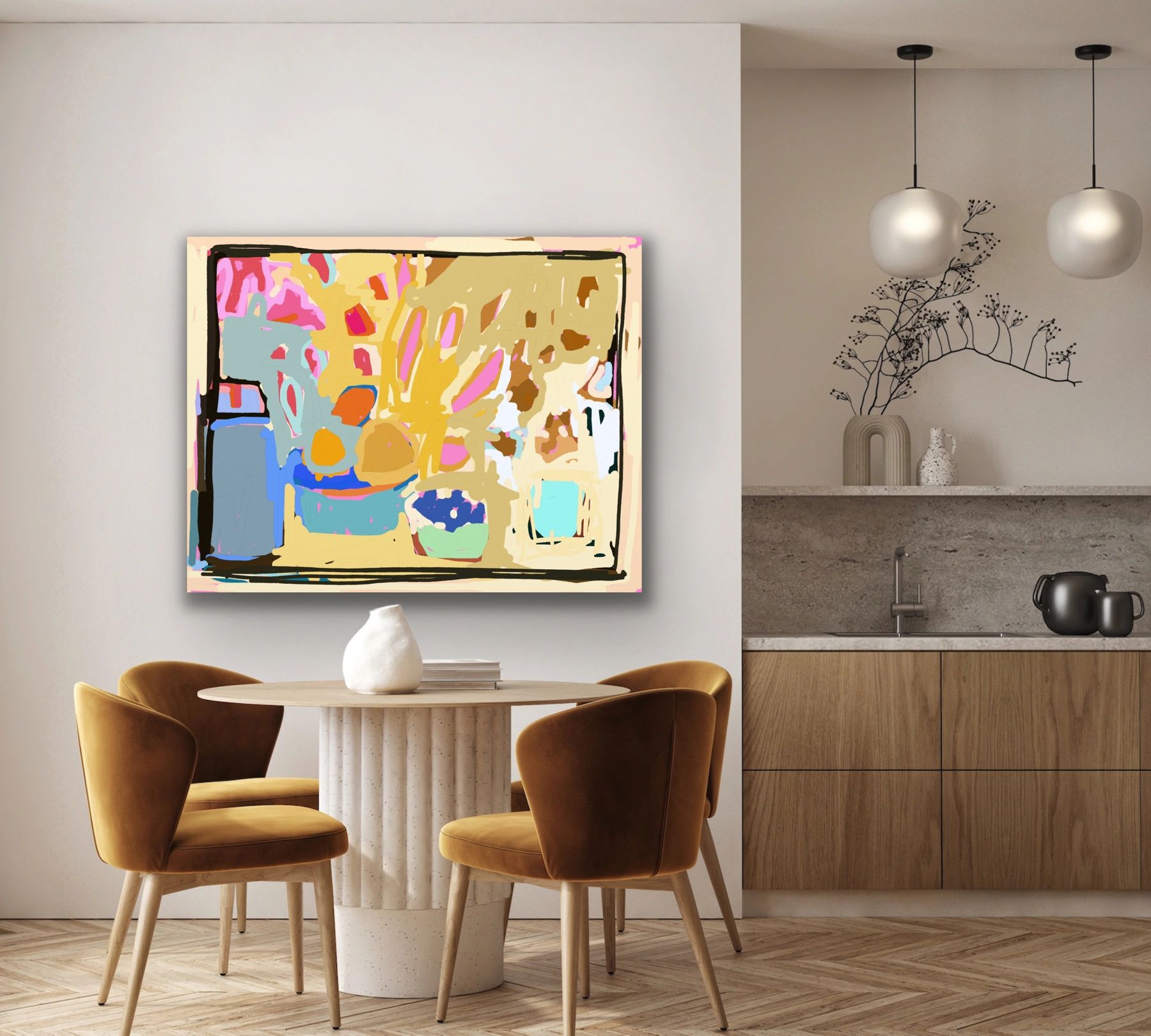 Modern dining area with abstract art and warm seating.
