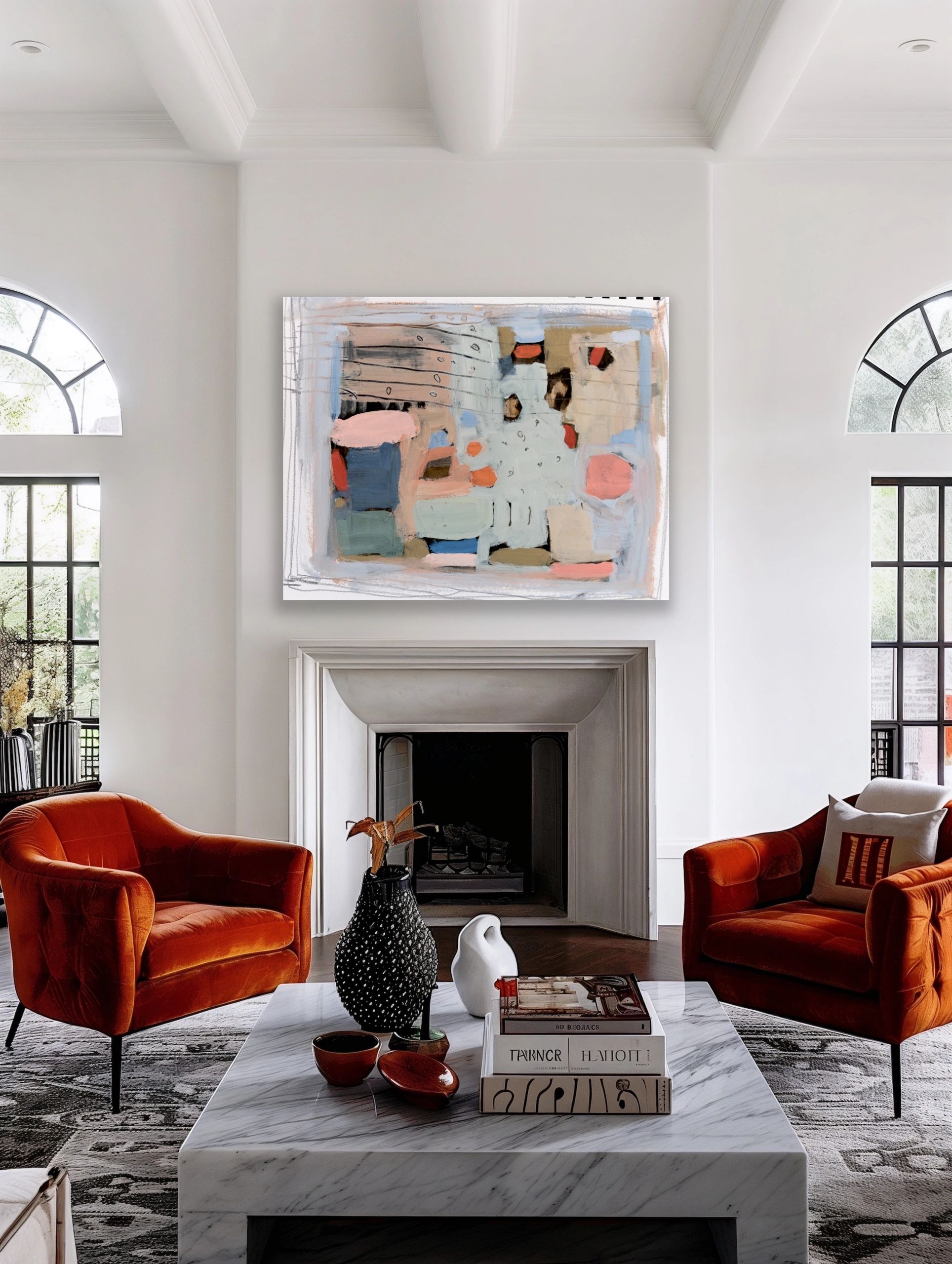 Cozy living room with orange chairs and abstract painting.