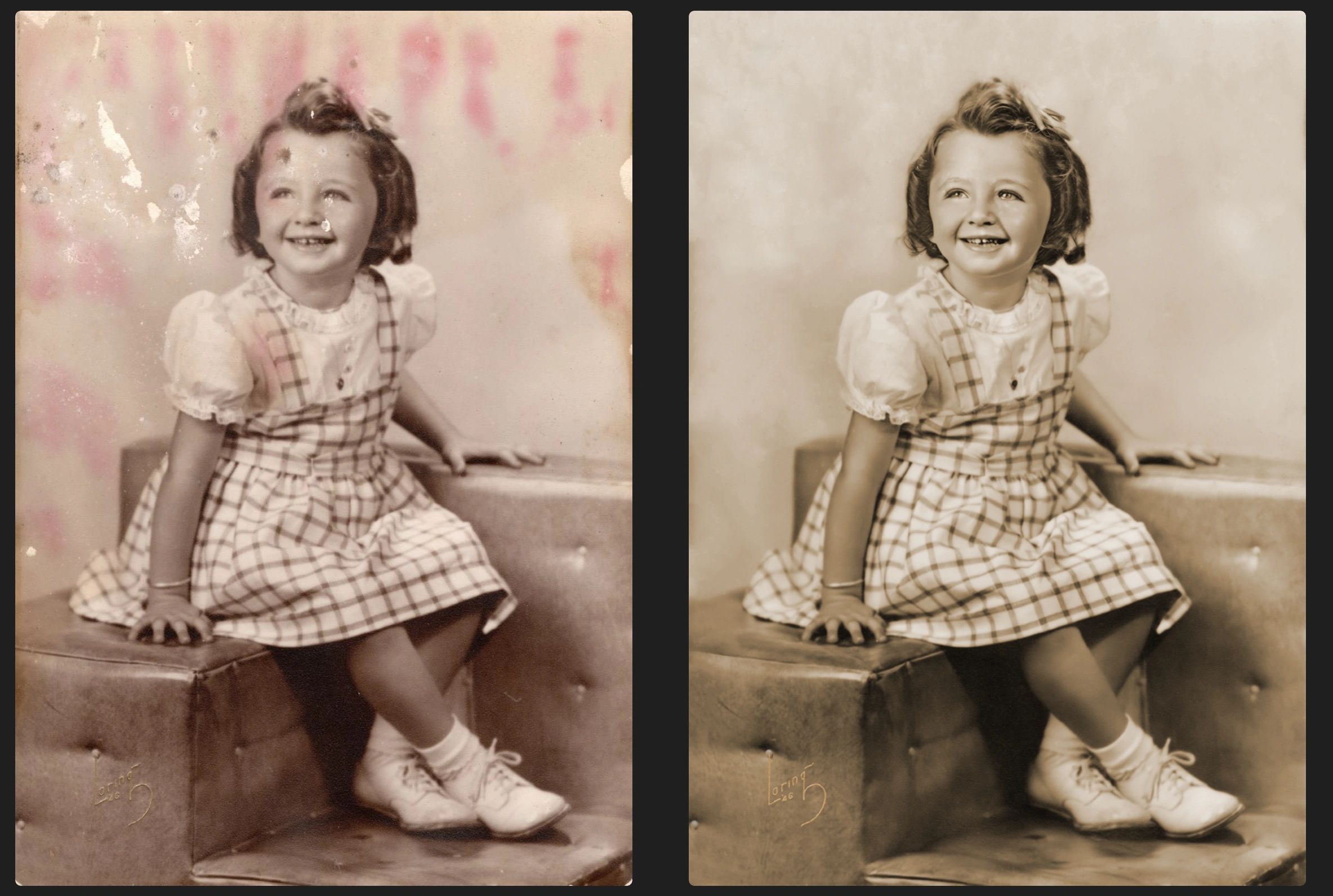Real before-and-after transformation of a beautiful portrait from the 1950s with water damage.