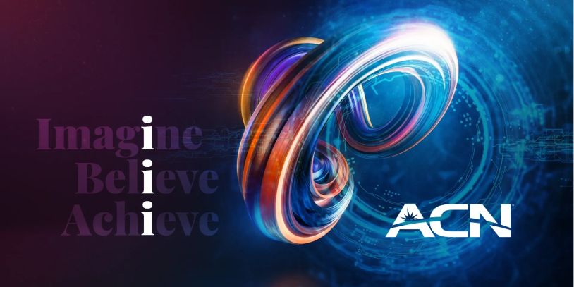 Futuristic design with words Imagine, Believe, Achieve and the ACN logo.
